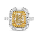 Light Yellow Radiant Diamond Double Halo Side Stone Ring