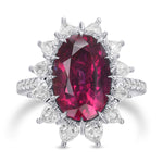 Anello straordinario con rubino ovale e diamanti taglio halo con pietre laterali, certificati AGL e GRS
