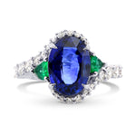 Royal Blue Oval Sapphire, Pear Emeralds, and Diamond Ring