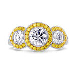 3 Stone Round White and Fancy Intense Yellow Diamond Halo Ring