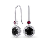 Round Black Diamond & Ruby Halo Drop Earrings