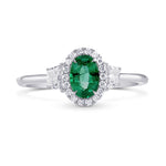 Oval Green Emerald & Trapezoid Diamond Halo Ring