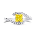 Fancy Intense Yellow Radiant, Cross-over Side-stone Diamond Ring