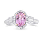 Oval Pink Sapphire & Diamond Halo 3 Stone Ring