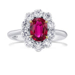 Oval Mozambique Red Ruby and Diamond Halo Ring.