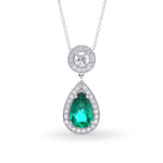 Green Colombian Pear Shape Emerald & Round Diamond Halo Drop Pendant