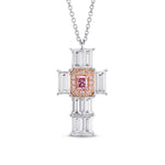 Fancy Intense Pink Radiant & Baguette Diamond Cross Pendant