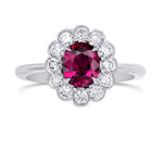 Scalloped Oval Red Ruby & Round Brilliant Diamond Halo Ring