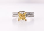 Fancy Yellow Princess Vintage Style Solitaire and Pave Diamond Wedding Ring Set