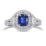 Cushion Sapphire & Diamond Half-Moon Double Halo Ring