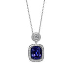 Blue Cushion Tanzanite, Drop Diamond Halo Pendant