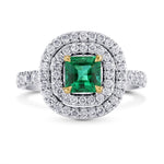 Green Emerald Radiant & Diamond Double Halo Ring