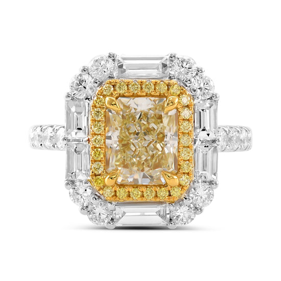 Light Yellow Radiant Diamond Double Halo Side Stone Ring