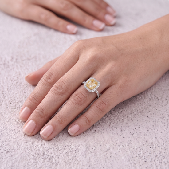 Light Yellow Radiant Diamond Double Halo Side Stone Ring