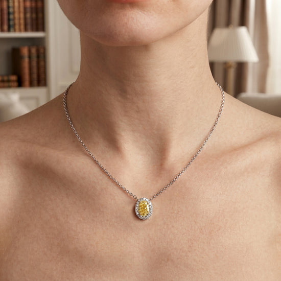 LIght Yellow Oval Diamond Halo Pendant