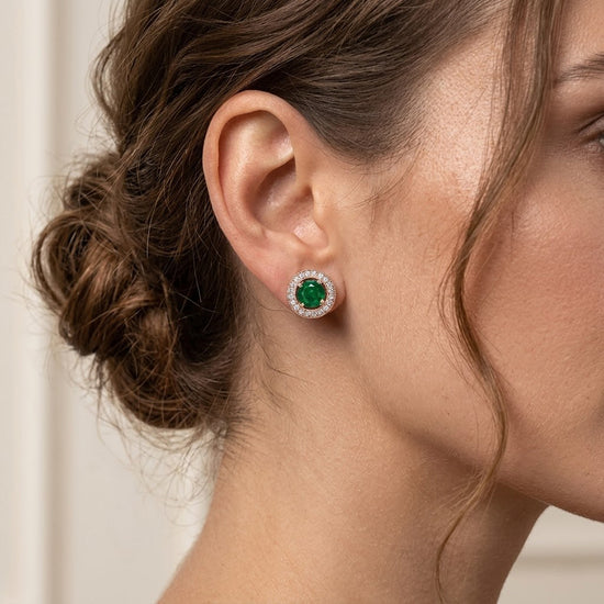 Green Emerald and Diamond Halo Earrings