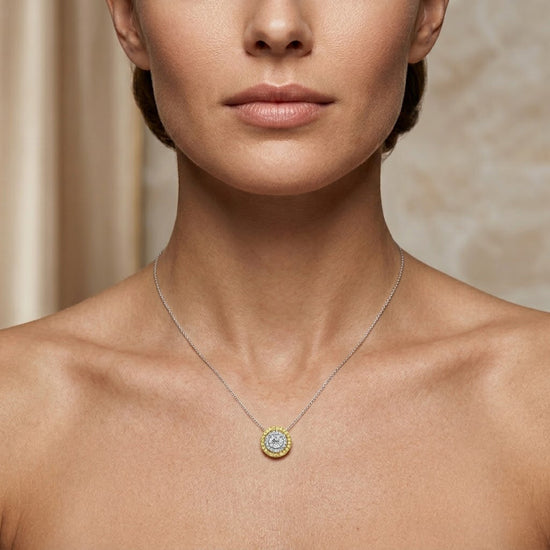 Round White and Fancy Intense Yellow Diamond Double Halo Pendant