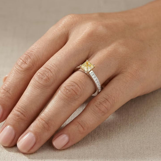 Fancy Intense Yellow Radiant Diamond Side Stone Ring