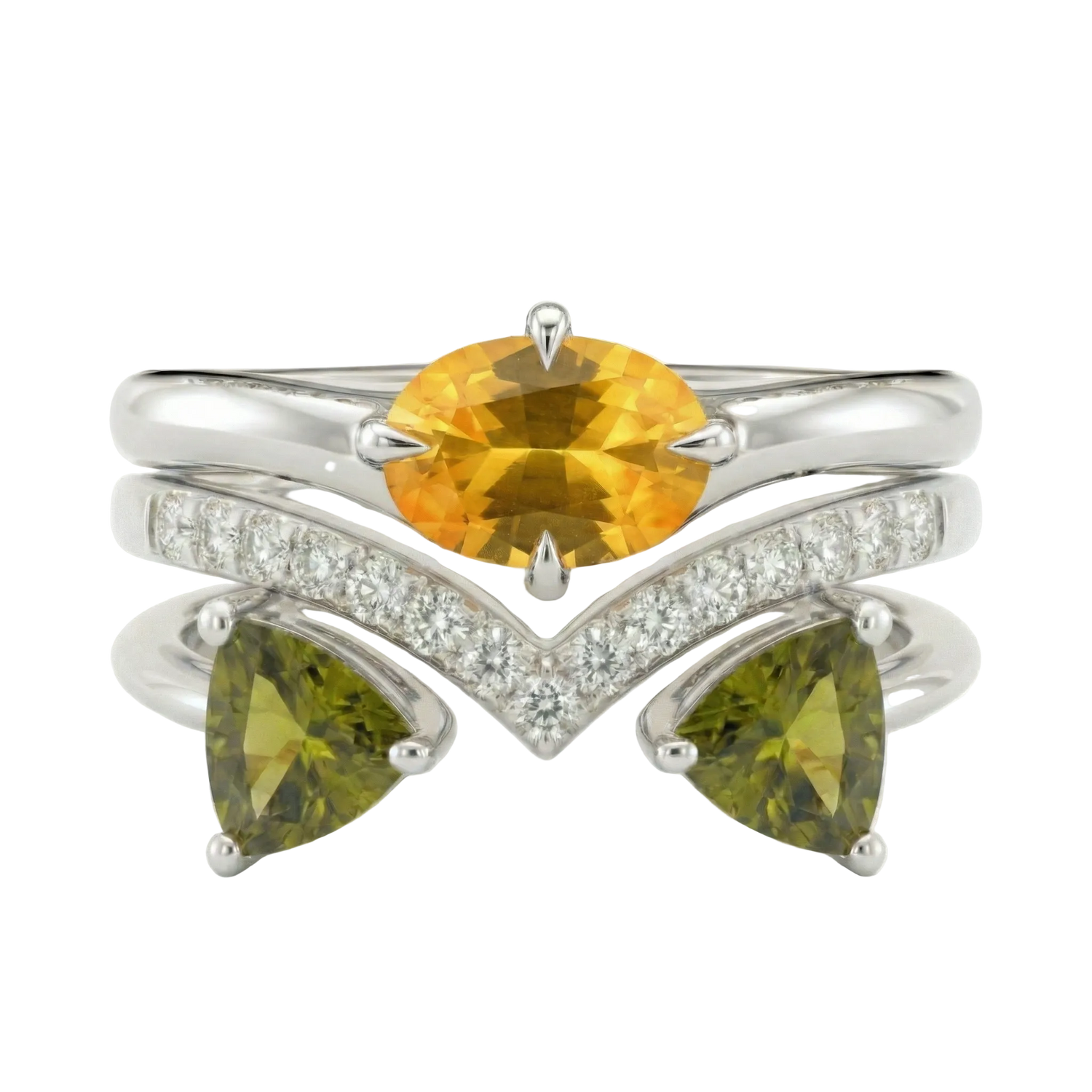 Yellow Oval Sapphire, Olive Green Trillion Tourmaline, and Diamond Trio Stack Ring