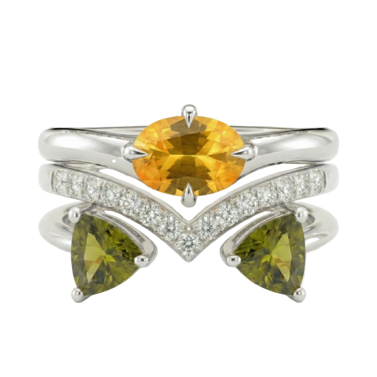 Yellow Oval Sapphire, Olive Green Trillion Tourmaline, and Diamond Trio Stack Ring
