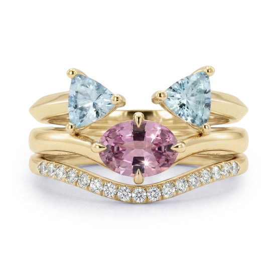 Pink  Spinel, Aquamarine  & Diamond Trio Stack Rings