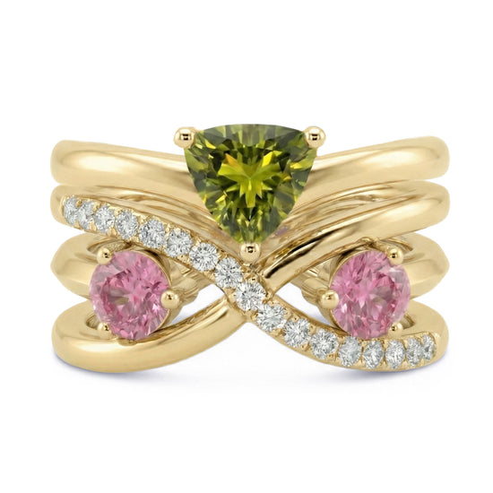 Olive Green Tourmaline, Pink Sapphire and Diamond Crossover Trio Rings