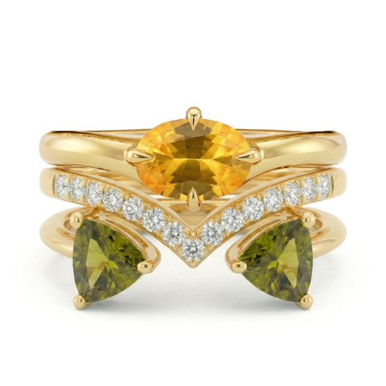 Yellow Oval Sapphire, Olive Green Trillion Tourmaline, and Diamond Trio Stack Ring