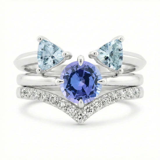 Violet Round Tanzanite, Aquamarine, and Diamond Trio Stack Rings