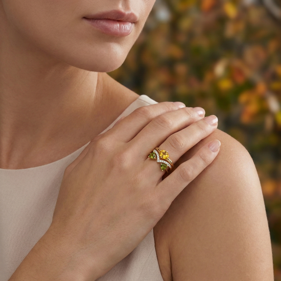 Yellow Oval Sapphire, Olive Green Trillion Tourmaline, and Diamond Trio Stack Rings