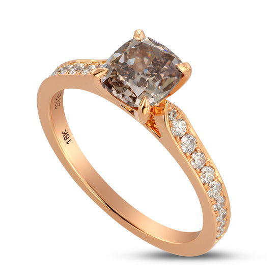 Fancy Brown Cushion & Pave Side-stone Diamond Ring