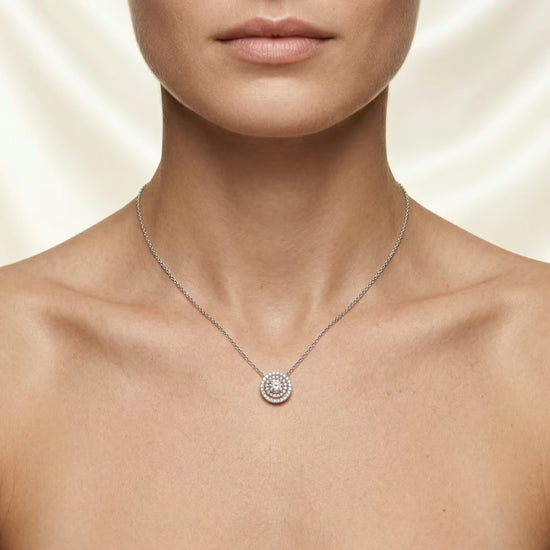 White Pink & White Diamond Round Double Halo Pendant