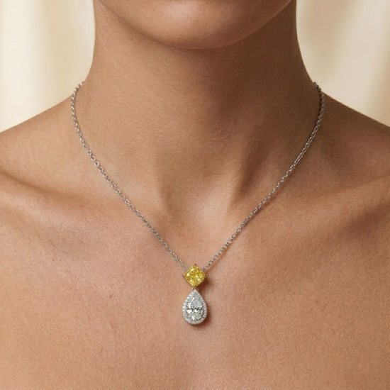 White Pear and Fancy Intense Yellow Diamond Halo Pendant