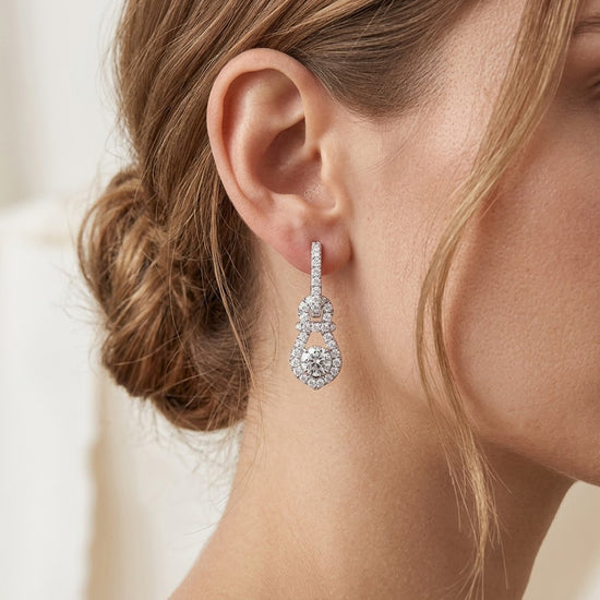 Round Brilliant Halo Diamond Drop Earrings