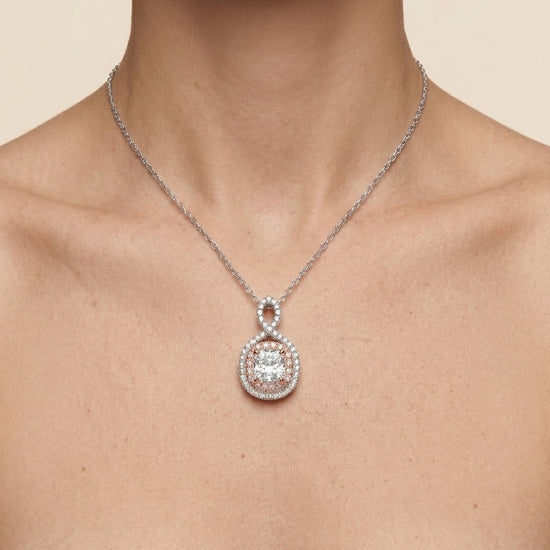 Cross-over Cushion Diamond Double Halo Pendant