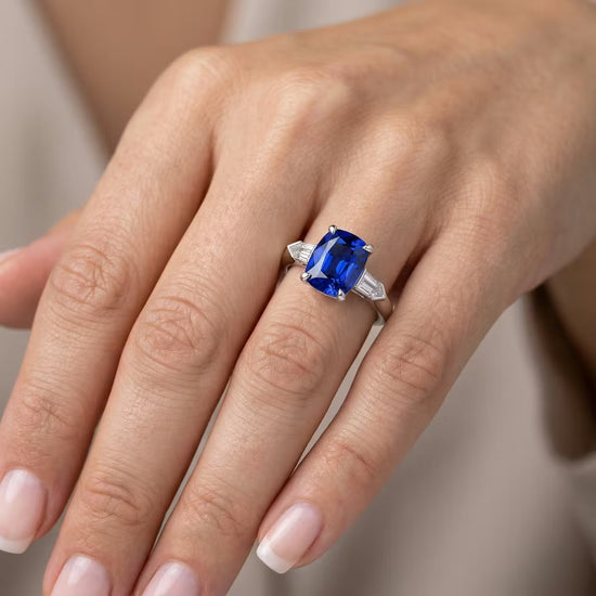 Royal Blue Sapphire Cushion & Diamond Engagement Ring