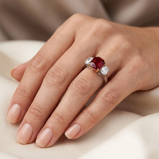 Mozambique No Heat Pigeon Blood Ruby Three-stone Ring GRS
