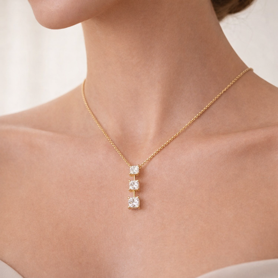 3 Stone Cushion Shape Diamond Drop Pendant