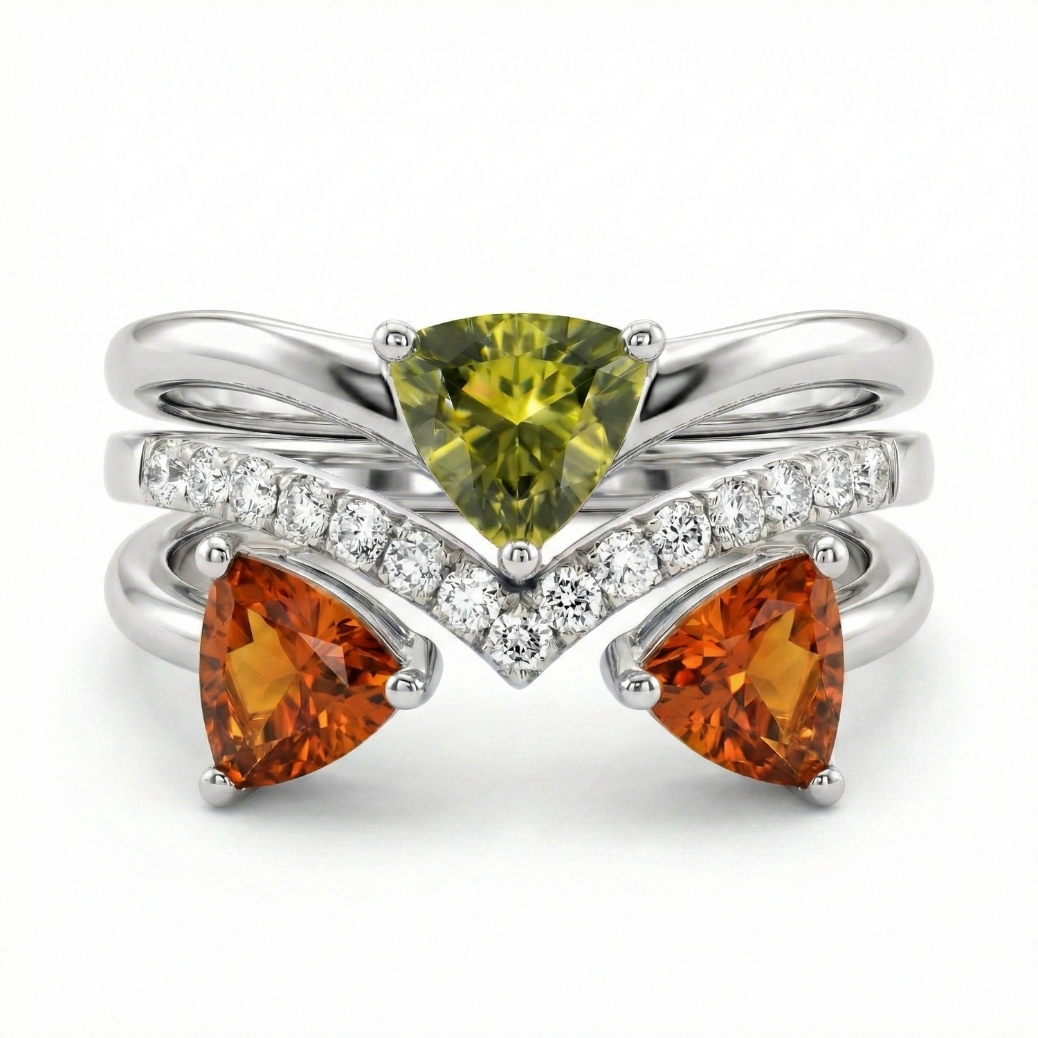 Yellow Oval Sapphire, Olive Green Trillion Tourmaline, and Diamond Trio Stack Ring