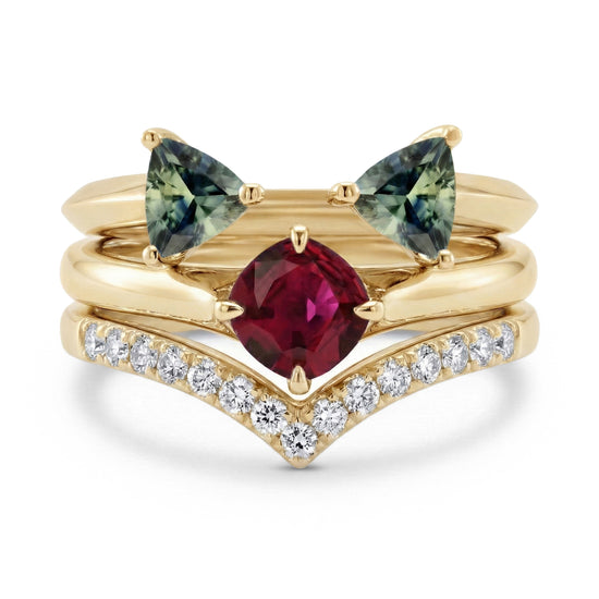 Violet Round Tanzanite, Aquamarine, and Diamond Trio Stack Rings