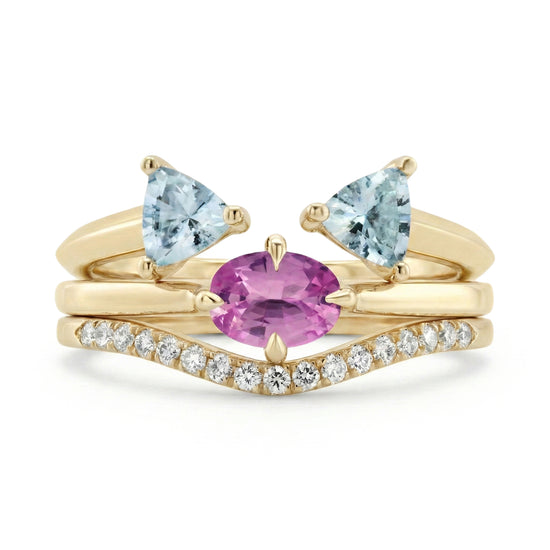 Pink Sapphire, Aquamarine and Diamond Trio Stack Rings