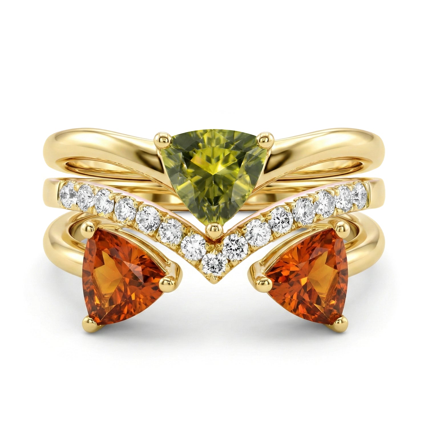 Yellow Oval Sapphire, Olive Green Trillion Tourmaline, and Diamond Trio Stack Ring