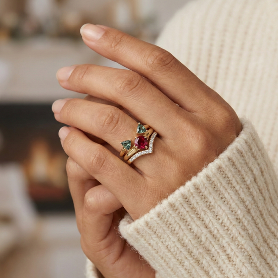 Violet Round Tanzanite, Aquamarine, and Diamond Trio Stack Rings
