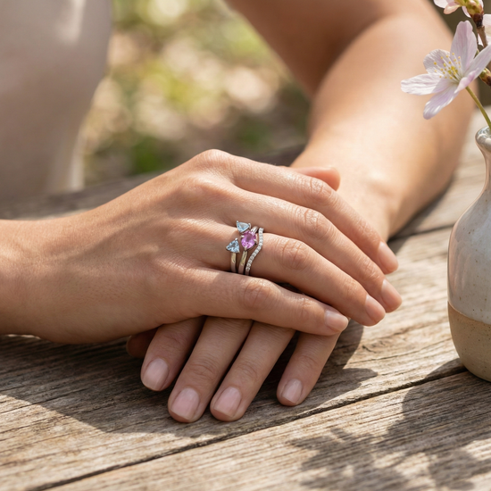 Pink Sapphire, Aquamarine and Diamond Trio Stack Rings