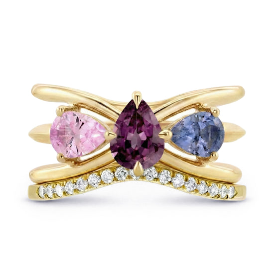 Purple Pear Tourmaline, Pink and Blue Sapphire, and Diamond Trio Stack Rings
