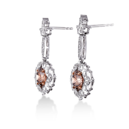 18K White and Rose Gold Fancy Brown Drop Halo Earrings