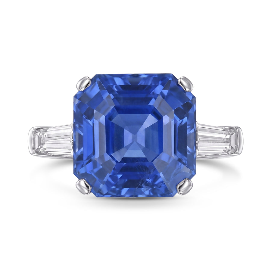 Emerald No Heat Blue Sapphire and Diamond Three-stone Ring GRS