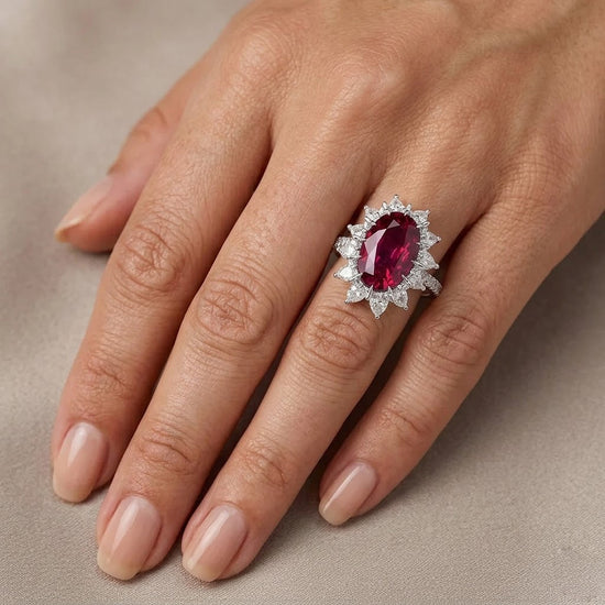 Extraordinary Oval Ruby and Diamond Halo Side-stone Ring AGL GRS