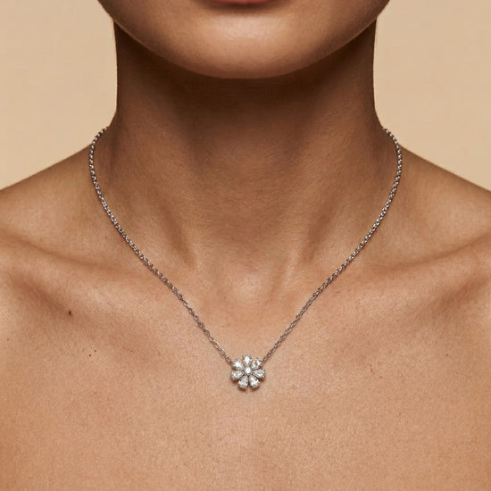 Flower Motif White Pear Diamond Pendant