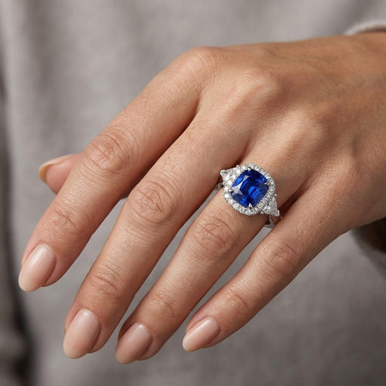 Cushion Sapphire & Triangle Halo Ring