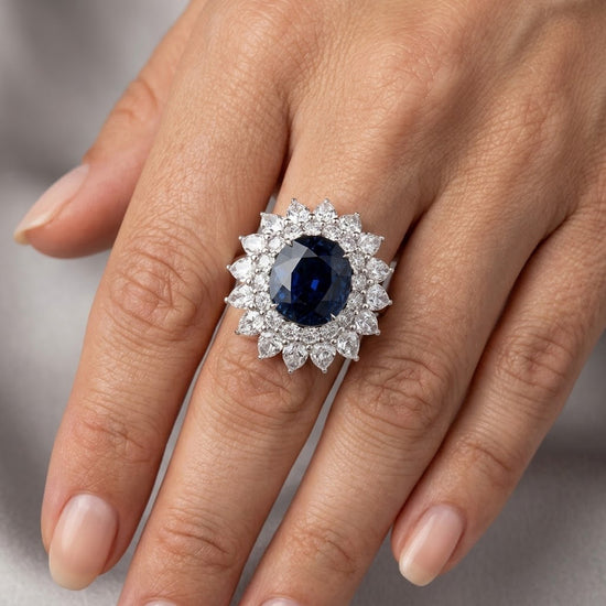 No Heat Burma Sapphire & Diamond Double Halo Ring GRS SSEF